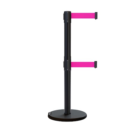 Retractable Belt Dbl Roller Stanchion, 2.5ft Black Post  9ft. Fl.Pnks